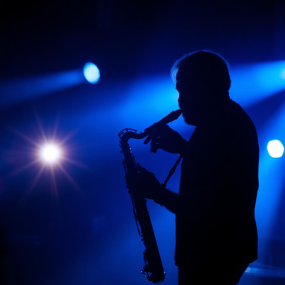 Saxophonist in blue silhouette